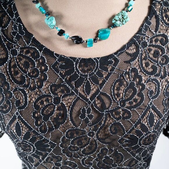 LOFT Black Floral Sheer Lace Black Cold Shoulder Top - Picture 4 of 10